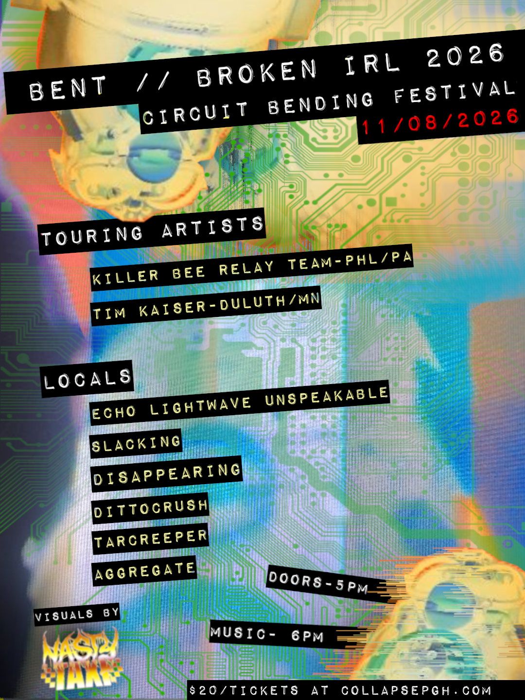 bent // broken IRL 2026: circuit bending festival event flyer